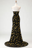 Black Golden Sequin Mermaid Strapless Prom Dress With Slit