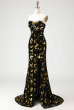 Black Golden Sequin Mermaid Strapless Prom Dress With Slit