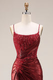 Dark Red Appliqued Corset Mermaid Ruched Prom Dress