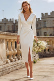 Ivory V-Neck Ruched Engagement Dress With Slit