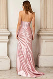 Pink Beaded Sweetheart Mermaid Satin Prom Dress With Slit