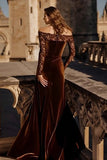 Brown Velvet Off The Shoulder Mermaid Holiday Dress With Lace Long Sleeves