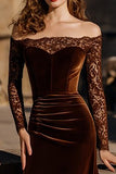 Brown Velvet Off The Shoulder Mermaid Holiday Dress With Lace Long Sleeves