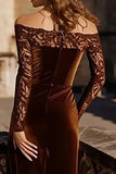 Brown Velvet Off The Shoulder Mermaid Holiday Dress With Lace Long Sleeves