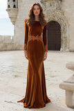 Mermaid Caramel Velvet Appliqued Long Sleeve Holiday Dress