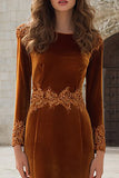 Mermaid Caramel Velvet Appliqued Long Sleeve Holiday Dress