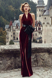 Burgundy Halter Sheath Velvet Holiday Dress With Slit