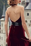 Burgundy Halter Sheath Velvet Holiday Dress With Slit