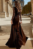 Mermaid Velvet Brown V-Neck Formal Dress With Long Sleeves