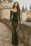 Olive Off The Shoulder Velvet Mermaid Long Sleeve Holiday Dress
