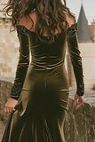 Olive Off The Shoulder Velvet Mermaid Long Sleeve Holiday Dress
