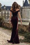 Off The Shoulder Burgundy Velvet Mermaid Maxi Holiday Dress With Slit