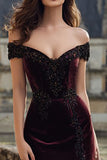 Off The Shoulder Burgundy Velvet Mermaid Maxi Holiday Dress With Slit
