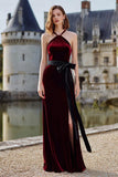 Burgundy Velvet Halter Maxi Holiday Dress With Slit