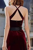 Burgundy Velvet Halter Maxi Holiday Dress With Slit