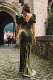 Olive Mermaid V-Neck Velvet Formal Dress With Short Sleeves