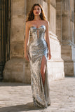 Sparkly Silver Sweetheart Keyhole Maxi Prom Dress With Slit