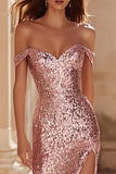 Pink Off The Shoulder Mermaid Sequin Prom Dress With Slit