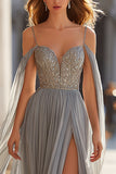 Light Grey A-Line Cold Shoulder Maxi Prom Dress With Slit
