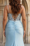 Mermaid Corset Dusty Blue Satin Beaded Plus Size Prom Dress