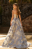 Strapless Corset A Line Dusty Blue Floral Prom Dress