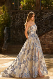 Strapless Corset A Line Dusty Blue Floral Prom Dress