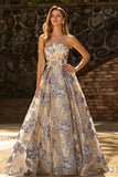 Strapless Corset A Line Dusty Blue Floral Prom Dress