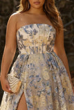 Strapless Plus Size Corset A Line Brocade Dusty Blue Prom Dress