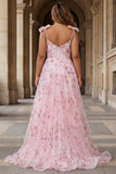 Sparkly Pink Floral Corset Plus Size A Line Prom Dress