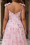 Sparkly Pink Floral Corset Plus Size A Line Prom Dress