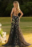 Sparkly Black Floral Mermaid Corset Maxi Prom Dress