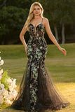 Sparkly Black Floral Mermaid Corset Maxi Prom Dress