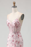 Pink Flower Mermaid Corset Spaghetti Straps Prom Dress With Sequins
