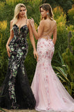 Sparkly Black Floral Mermaid Corset Maxi Prom Dress