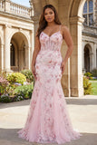 Pink Floral Mermaid Corset Sequin Plus Size Prom Dress