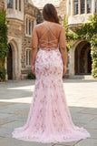 Pink Floral Mermaid Corset Sequin Plus Size Prom Dress