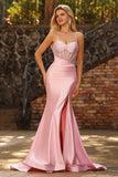 Pink Mermaid Beaded Corset Satin Prom Dress