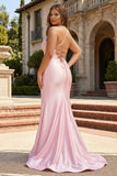 Pink Mermaid Beaded Corset Satin Plus Size Prom Dress