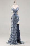 Mermaid Sequin Dusty Blue Cut Out Prom Dress With Slit