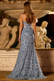 Mermaid Sequin Dusty Blue Cut Out Prom Dress With Slit