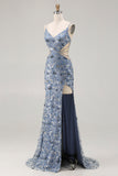 Mermaid Sequin Dusty Blue Cut Out Prom Dress With Slit