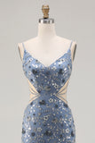 Mermaid Sequin Dusty Blue Cut Out Prom Dress With Slit