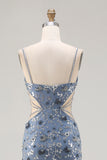 Mermaid Sequin Dusty Blue Cut Out Prom Dress With Slit
