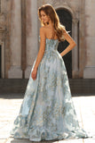Light Blue A Line Floral Corset Strapless Prom Dress