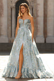Light Blue A Line Floral Corset Strapless Prom Dress