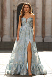 Light Blue A Line Floral Corset Strapless Prom Dress