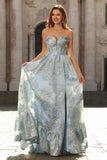 Light Blue A Line Floral Corset Strapless Prom Dress
