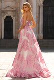 Light Blue A Line Floral Corset Strapless Prom Dress