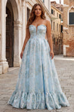 Pink A Line Floral Strapless Plus Size Corset Prom Dress