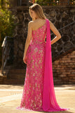 Sparkly 3D Flower One Shoulder Fuchsia Cut Out Prom Dress